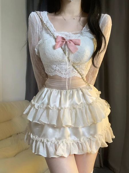 Vestido de dos piezas japonés Lolita Kawaii 3 Set mujeres encaje dulce fiesta pastel falda traje femenino arco elegante cintura alta faldas verano 230627