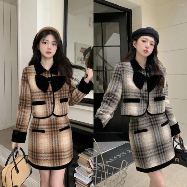 Robe de deux pièces Style japonais Plaid en laine en laine veste d'hiver pour femmes en coton jupe rétro à la mode en deux pièces