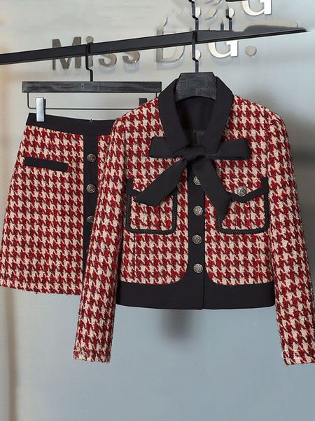 Robe de deux pièces KBAT Printemps 2 Pièces Ensemble Femmes Vintage Petit Parfum Tweed Veste Noeud Manteau Court Mini Jupe Costumes Français Deux Pièces Ensembles 230829