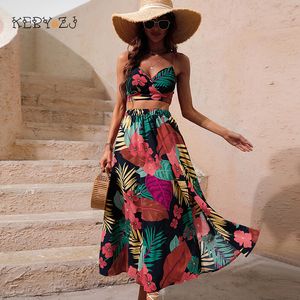 Robe deux pièces KEBY ZJ Y2K Bikini Crop Tops Jupes Ensemble pour femmes Pièces d'été Jupe Plage Vacances Imprimé floral Maxi Sexy Boho 230518