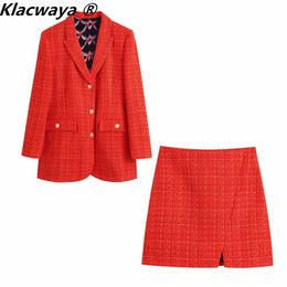 Vestido de dos piezas Klacwaya Conjunto de dos piezas de moda para mujer Forro con estampado vintage Tweed Blazer Abrigo Mujer Minifalda con abertura frontal Traje elegante 230303