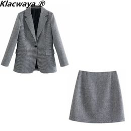 Tweede stuk jurk Klacwaya Women Fashion tweedelige set Vintage enkele knop lange mouw geruite blazer vrouwelijke hoge taille A-lijn rokpak 221207