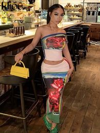 Tweede stuk jurk Kliou Flower Print Set Women Hipster Incline schoudergewassen tops hoge taille bodyshaping rokken vrouwelijk streetwear 230519