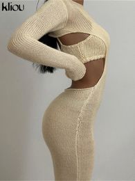 Robe de deux pièces Kliou tricoté ensemble femmes jupe élégante doublée sans manches Camisole TopLong manches dos nu femme 230413