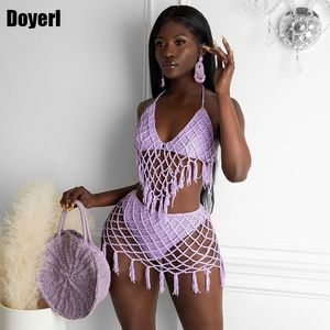 Deux pièces robe tricot crochet deux pièces ensemble tenues de plage pour femmes couvrir bikinis ensemble sexy gland soutien-gorge haut jupe ensembles d'été femmes tenues 230228