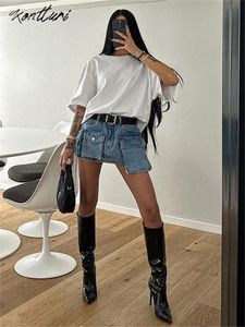 Robe de deux pièces Kontturi été Y2K Streetwear cravate colorant jean jupes pour femmes 2023 taille haute poches asymétriques bleu Denim mini jupe 230919