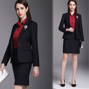 Deux pièces robe coréenne automne dames formelles bleu marine Blazer femmes costumes d'affaires avec ensembles vêtements de travail bureau uniforme grande taille jupe veste 230617