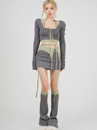 Tweedelige jurk Koreaanse mode-outfits Gecropte bandage-tops met lange mouwenVest Hoge taille kokerrokFlare beenwarmers Y2k Esthetische 4-delige sets 230519
