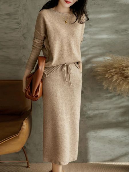 Vestido de dos piezas Moda coreana Ropa para mujer Conjunto de suéter de punto sólido Suelto Dibujado 231120