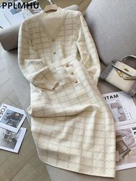 Robe de deux pièces coréenne pulls à carreaux 2 ensemble casual demi-col roulé tricot pull survêtement mince taille haute tricots jupes conjunto 231215