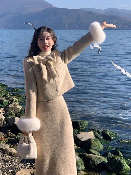 Robe de deux pièces Style coréen Bow Sweet Girl Doudoune Jupe Automne et hiver Élégant Bureau Lady Costume Femme Manteau Long Ensemble de deux pièces
