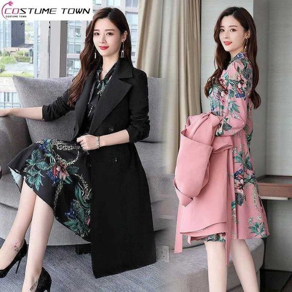 Zweiteiliges Kleid im koreanischen Stil mit Schnürung und langen Ärmeln, Chiffon-Jacke, dünner Trenchcoat, elegantes Damen-Set, Büro-Outfits