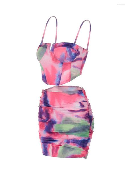 Robe deux pièces KOSUSANILL Sexy Women 2 Jupe Set Y2k Sheer Mesh Cami Top Bodycon Short Mini Going Out Summer Outfit (I-Colorful M)