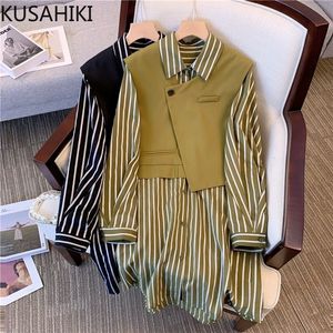 Tweede stuk jurk Kusahiki herfst stuk outfits causaal gestreepte blouse blouse mouw mouwloze waastcoat Koreaanse sets 221122