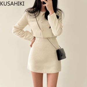 Robe Deux Pièces KUSAHIKI Corée Chic Automne Femmes Peice Ensembles À Manches Longues Oneck Tweed Femmes Manteau Taille Haute Aline Mini Jupe Tenues 230209