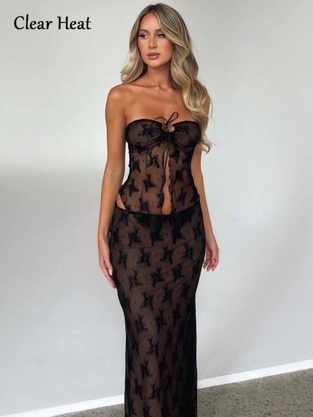 Deux pièces robe dentelle imprimé Sexy maille pure jupe ensemble pour les femmes voir à travers bretelles haut court jupe correspondant costume femme boîte de nuit fête ensemble 230620