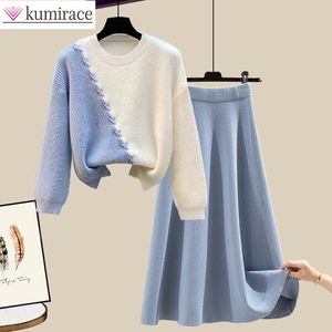 Tweedelige kleding grote Koreaanse herfst- en winterpak vrouwen losse ronde nek breien trui rok tweedelig damesrack pak 230403