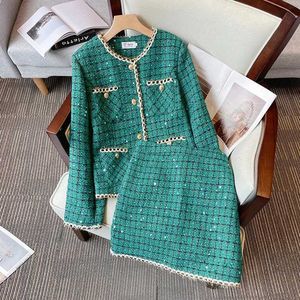 Tweede stukjurk grote S-3XL dames grove tweed groene jas top en rok elegante tweedelige set 2023 winter jacquard mode fabricc240407