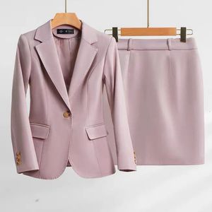 Tweede stuk jurk Lenshin groothandel 2 -delige set hoogwaardige roze rokpak met één knop blazer kantoor dame formele vrouwen zakelijke slijtage 230306