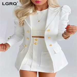 Tweedelige jurk LGRQ zomermode dameskleding volledige mouwen blazer bedrukt enkele rij knopen jas en minirok set WW005H 220202x