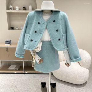 Tweedelige Jurk Lnsozkdg Korea Herfst Winter Zoete Tweed Rok Pak Vrouwen Bont Manchet Wollen Jassen Mini Blauwe Elegante Set Dames 2 Stuks