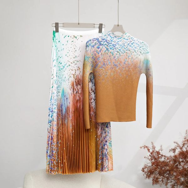 Robe de deux pièces luxueuse impression couleur contrastée ensemble plissé pour femmes col roulé à manches longues haut slim jupe trapèze vêtements féminins nouveau printemps 2024