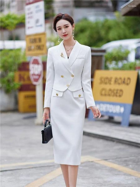 Robe de deux pièces de luxe femmes 2 ensemble blanc bleu noir à manches longues blazer jupe midi bureau dames vêtements de travail femme costumes formels ensembles