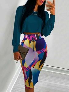 Tweede stuk jurk LW bloemenprint tweedelige set jurken pakken elegante 2 stks bijpassende outfits o nek lange slve crop top top trekkoord rok y240508