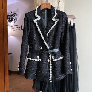 Tweedelige kleding M4XLTWO Sets Fashion AllMatch Suit jas Pearl High Taille Rokset Vrouwelijke lente herfst Mesh Saia Outfit 230307