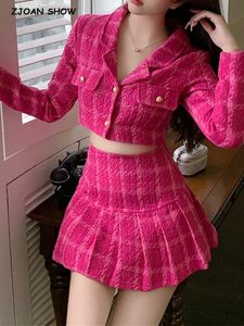 Robe de deux pièces correspondant ensemble rose rose plaid femmes recadrée tweed blazer taille haute plissée mini jupes costumes dames mode 2 pièces ensembles 231129