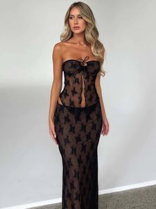 Tweedelige jurk Mozision Lace Print Sexy Set vrouwen strapless crop top en lange rok bijpassende S Female Night Club Party 230419