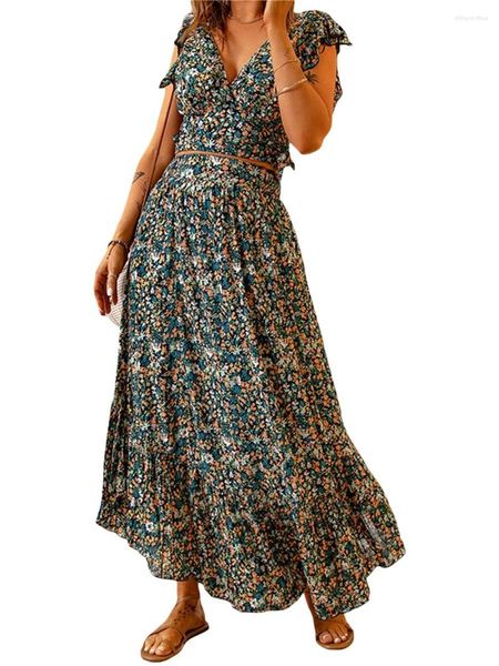 Vestido de dos piezas MYBFYABO 2 Trajes de falda para mujer Y2k Manga con volantes Cuello en V Crop Top Boho Floral Conjunto largo Conjuntos de verano