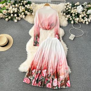 Robe de deux pièces Nouveau printemps piste fleur jupe costume femmes Miyake Stretch plissé hauts taille haute imprimé fleuri jupe vacances deux pièces ensemble 2024