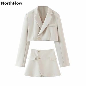 Tweedelige jurk Northflow bijpassende set Blazer en rokken Dames Engelse stijl Navel Exposed Short Empire Blazer Feminino Femme Tweedelige set 230630