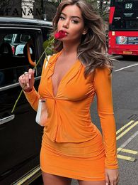 Deux pièces robe Orange Mini jupe ensemble femmes mode à manches longues Blouse chemise et taille haute tenues été Sexy Club fête 230509