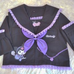 Tweede stukjurk Origineel Kuromi Handmade JK -uniform Y2K Student Soft Girl Suit Kawaii Lilota Style Rapel Zwart veelzijdige top met boog voor meisjes 230520