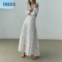 Tweedelige jurk feest witte kanten blouse tops en rok dames zomer sexy borduurwerk uitgehold vrouwelijk shirt 2-delige set pak INKEO 2T105 230629