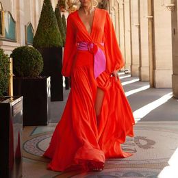 Deux pièces robe de soirée femmes Sexy manches longues bouffantes taille haute grande balançoire fendue rouge été femmes Maxi Lugentolo 230630
