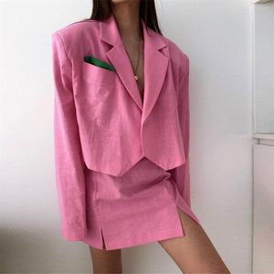 Deux pièces robe jupes crayon et Blazer ensemble assorti affaires décontracté femmes tenues manches longues poches dames vêtements costume rose