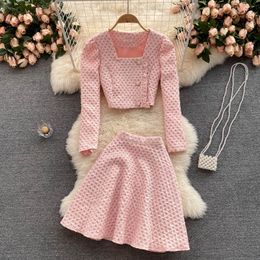 Deux pièces robe rose élégant Tweed jupe costume mode féminine deux pièces pied de poule tigre manteau hanche jupe 2 pièces ensemble jupe costume 230503