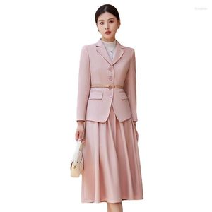 Tweedelige jurk roze kaki formele knielengte rokpakken voor vrouwen Koreaanse mode slanke blazer jas kantoor dames marineblauwe set