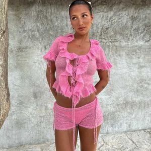 Tweede stuk jurk roze gebreide korte sets voor vrouwen y2k ruche veter crop top en shorts outfits zomer sexy sheer club feestje 2024 Q240511