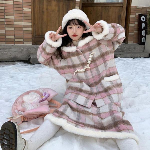 Robe de deux pièces rose plaid tweed deux pièces ensembles femmes tenue automne hiver coréen mignon doux mode marine col vestes et jupe longue