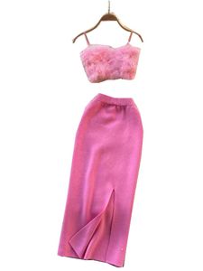 Tweede stuk jurk roze vrouwen gebreide sets camis sexy korte top elastische taille split lange rok mode solide pakken