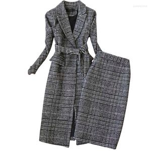 Tweede stuk kleding plaid pak dames herfst winter lange wollen blazer rok set temperament tweed trench dames outfit f1834