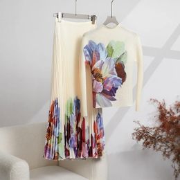 Robe à deux pièces plissée 2 pièces Fashion Printing High Elastic Slim Fit à manches longues hautes taille élastique Robe midi A-Line Automne 2024