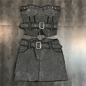 Tweede stuk jurk prepomp mouwloze strapless diamanten zwarte slanke tank top vest korte bodycon rok riem set outfits gh708 230512