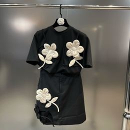 Vestido de dos piezas PREPOMP Verano Manga corta O Cuello Apliques Negro Camiseta suelta Mini falda Conjunto Trajes de mujer GF866 230609