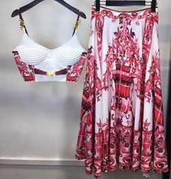 Tweedelige kledingprint Vrouwen Tweede stuks sets Spaghetti -band Camis Tank Tops geplooide midi rok vrouwelijke sexy set pakken feestclub draagt ​​230927