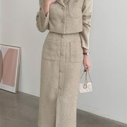 Vestido de dos piezas QOERLIN Elegante Tweed Faldas de dos piezas y trajes de chaqueta Stylilsh Manga larga Chaqueta corta Abrigo Cintura alta Cremallera trasera Falda midi 221115